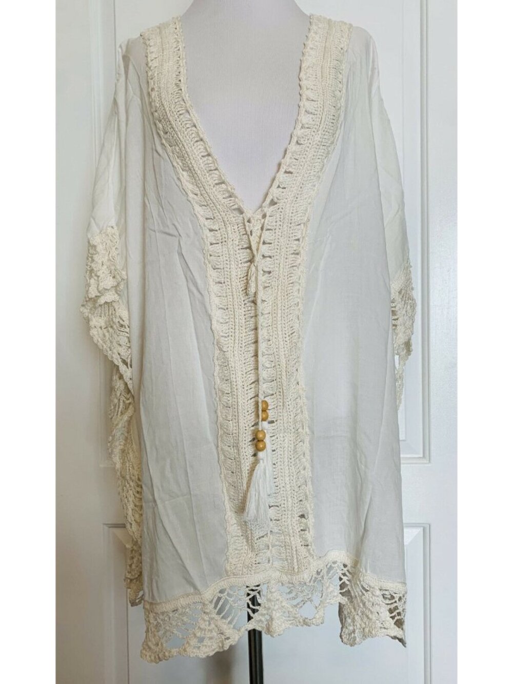 $199 TIARE HAWAII White Crochet Beach Cover Up Mini Dress Kimono Kaftan NEW OS